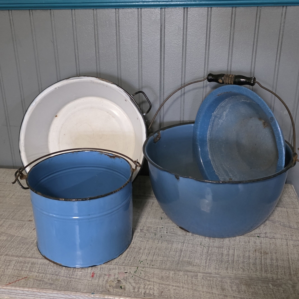 Vintage Blue Enamelware Basin Set
